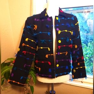 Vintage Hand Woven 80's Black Blazer with Colorful Tassels